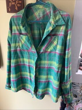 Cabela's Teal, Lime & Pink Plaid Button-Down Shirt